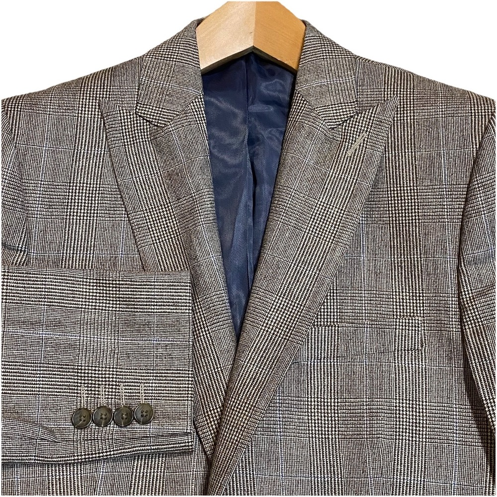 Stafford Wool Tweed Blazer 38R Brown Plaid Peak Lapel‎ Slim Business Casual
